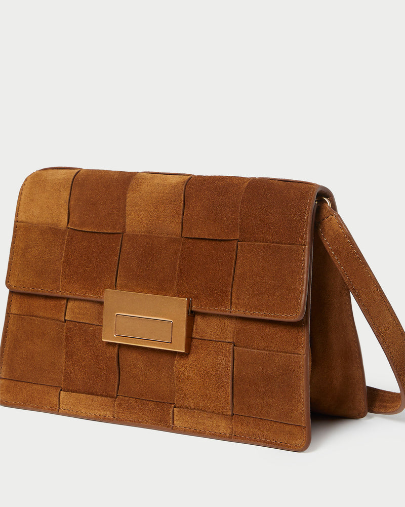 Delphine Cacao Suede Shoulder Bag in cacao brown woven suede.
