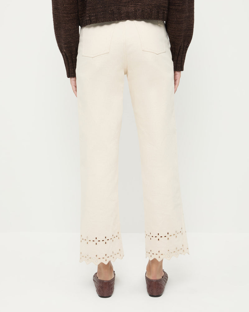 Demi Embroidered Pant in natural denim, Lo Cardigan in brown wool, and Leonie Espresso Woven Ballet Flat.