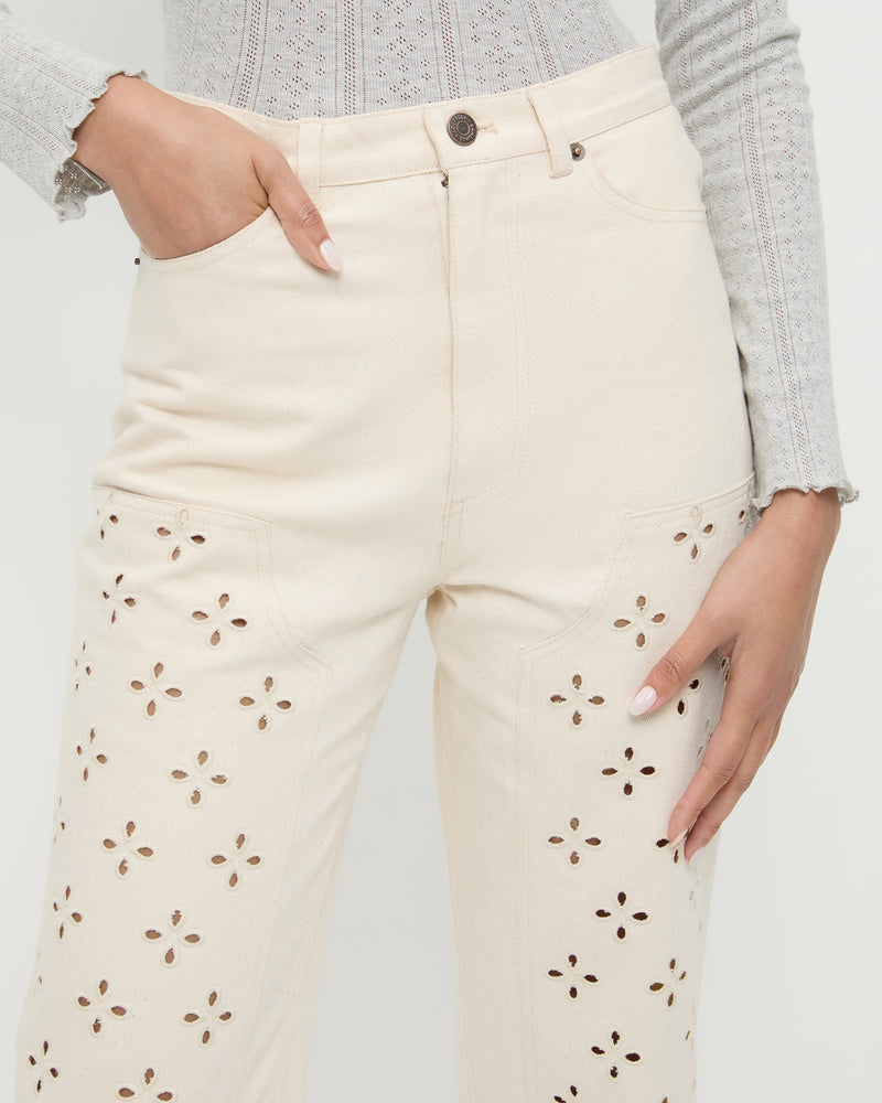 Demi Embroidered Pant in natural denim and Lolo Pointelle Long Sleeve Top in grey cotton.