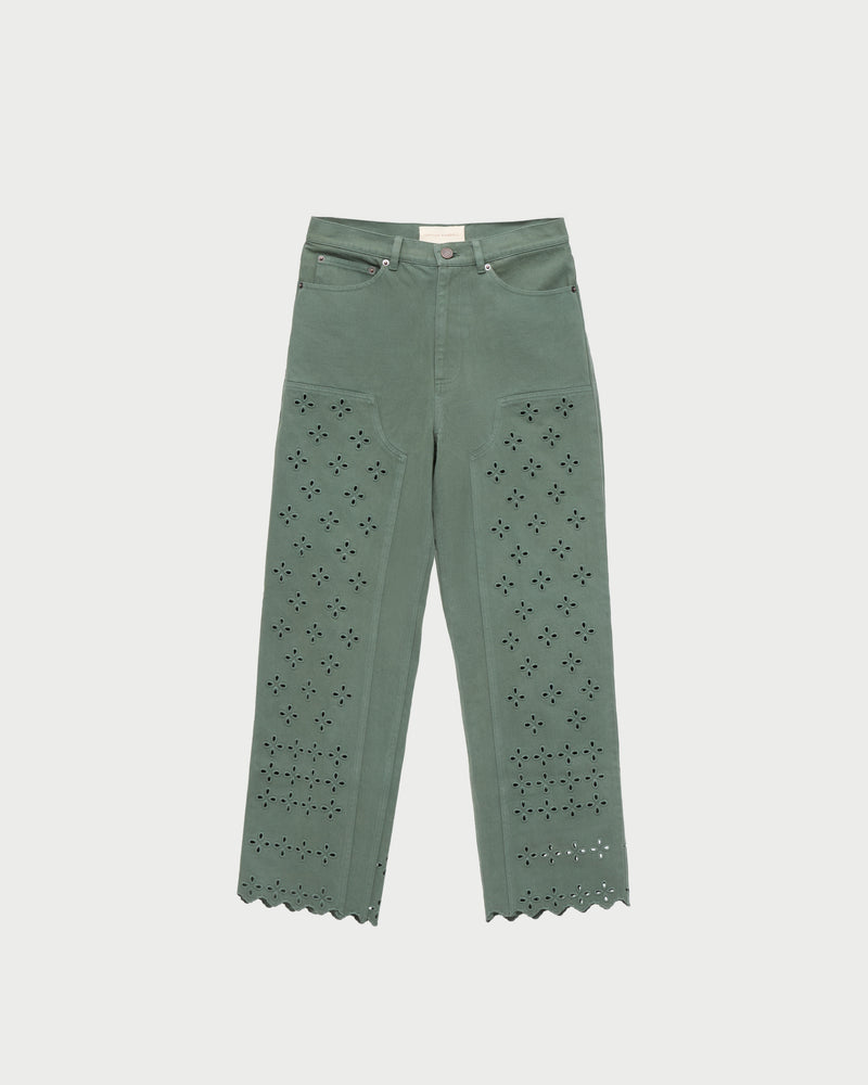 Demi Embroidered Pant in olive denim.