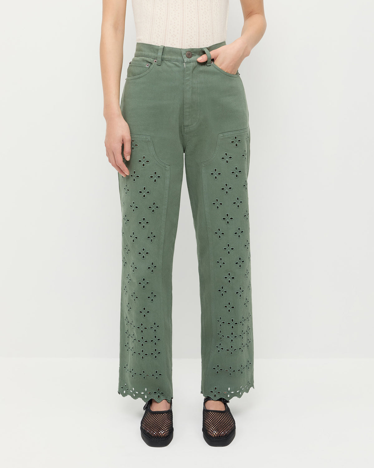 Demi Embroidered Pant in olive denim, Rylee Pointelle Tank Top in cream cotton, and Rita Black Netted Mary Jane.