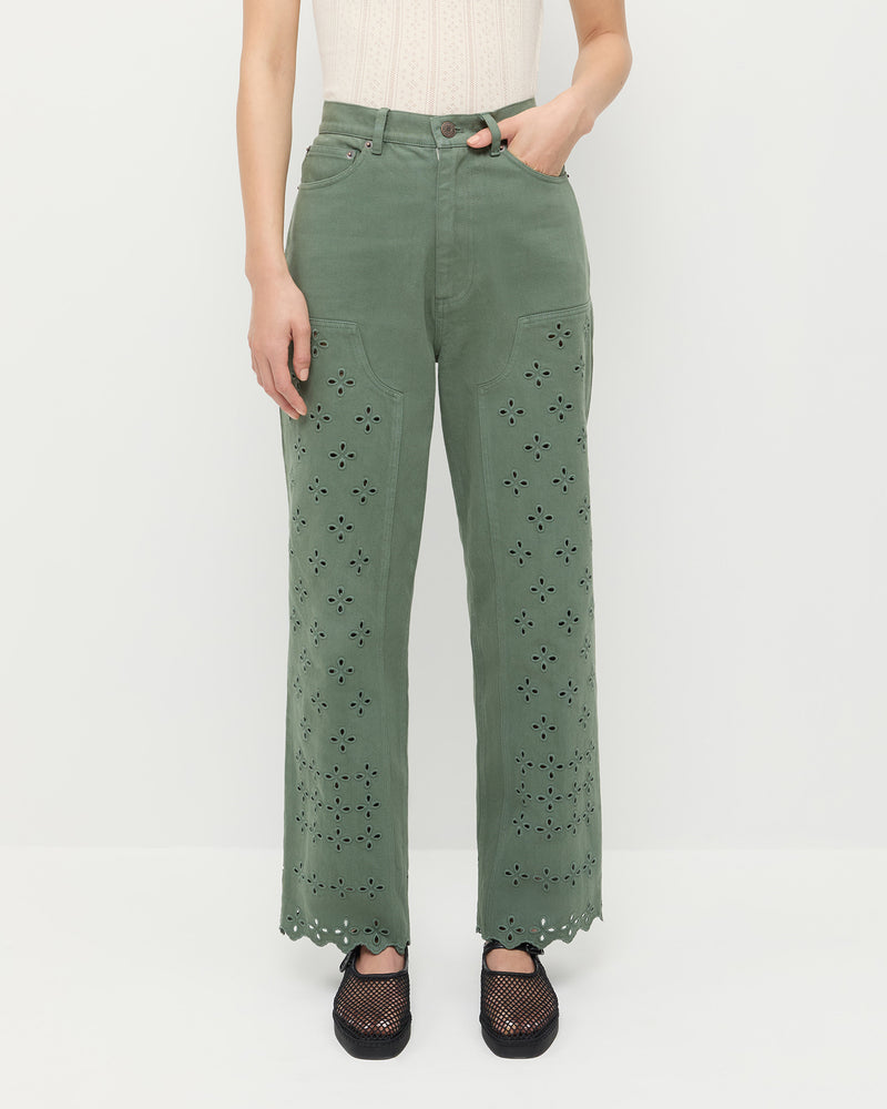 Demi Embroidered Pant in olive denim, Rylee Pointelle Tank Top in cream cotton, and Rita Black Netted Mary Jane.