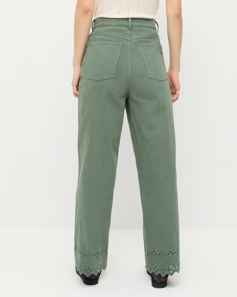 Demi Embroidered Pant in olive denim, Rylee Pointelle Tank Top in cream cotton, and Rita Black Netted Mary Jane.