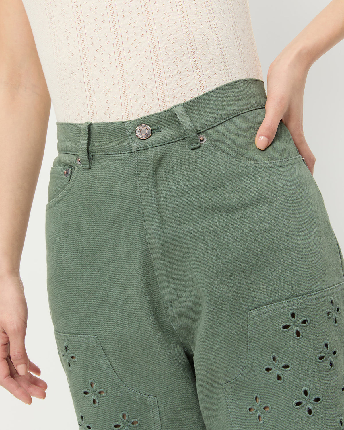 Demi Embroidered Pant in olive denim and Rylee Pointelle Tank Top.