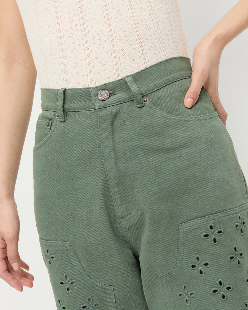 Demi Embroidered Pant in olive denim and Rylee Pointelle Tank Top.