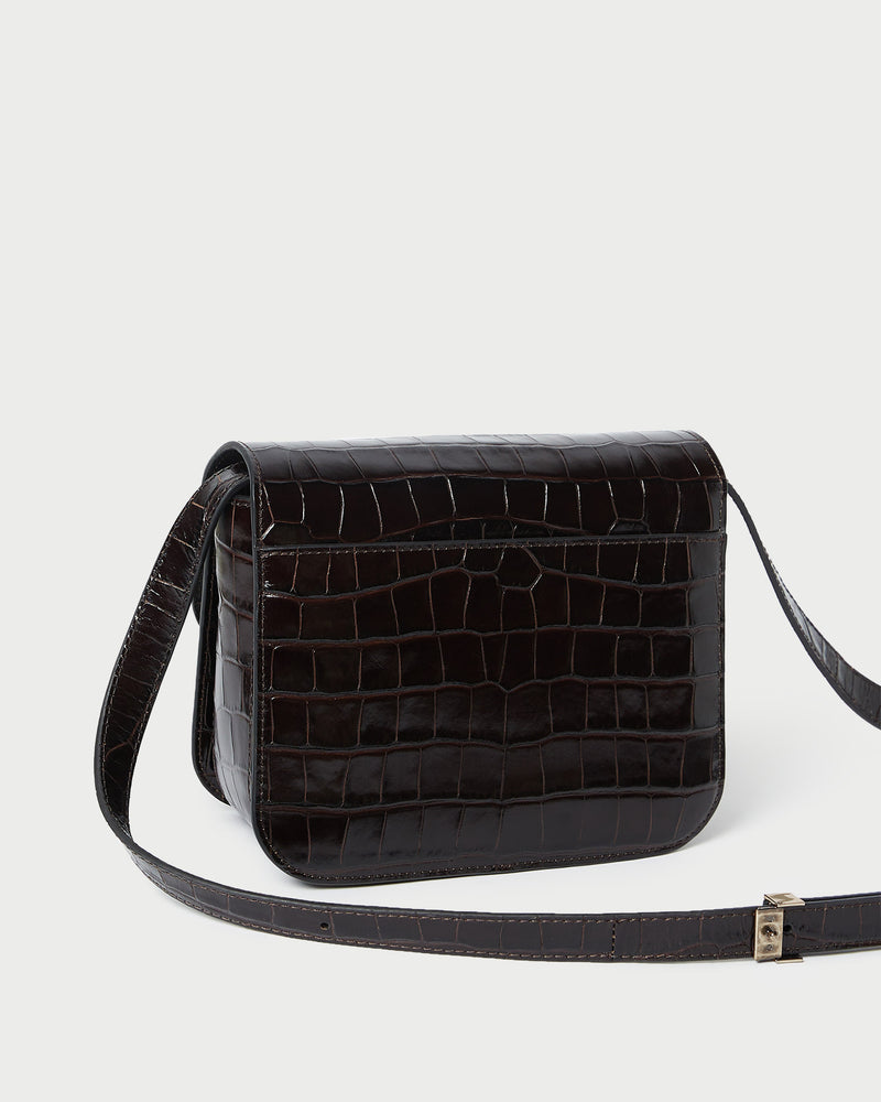 Desi Crocodile Leather Crossbody in ebony crocodile embossed leather