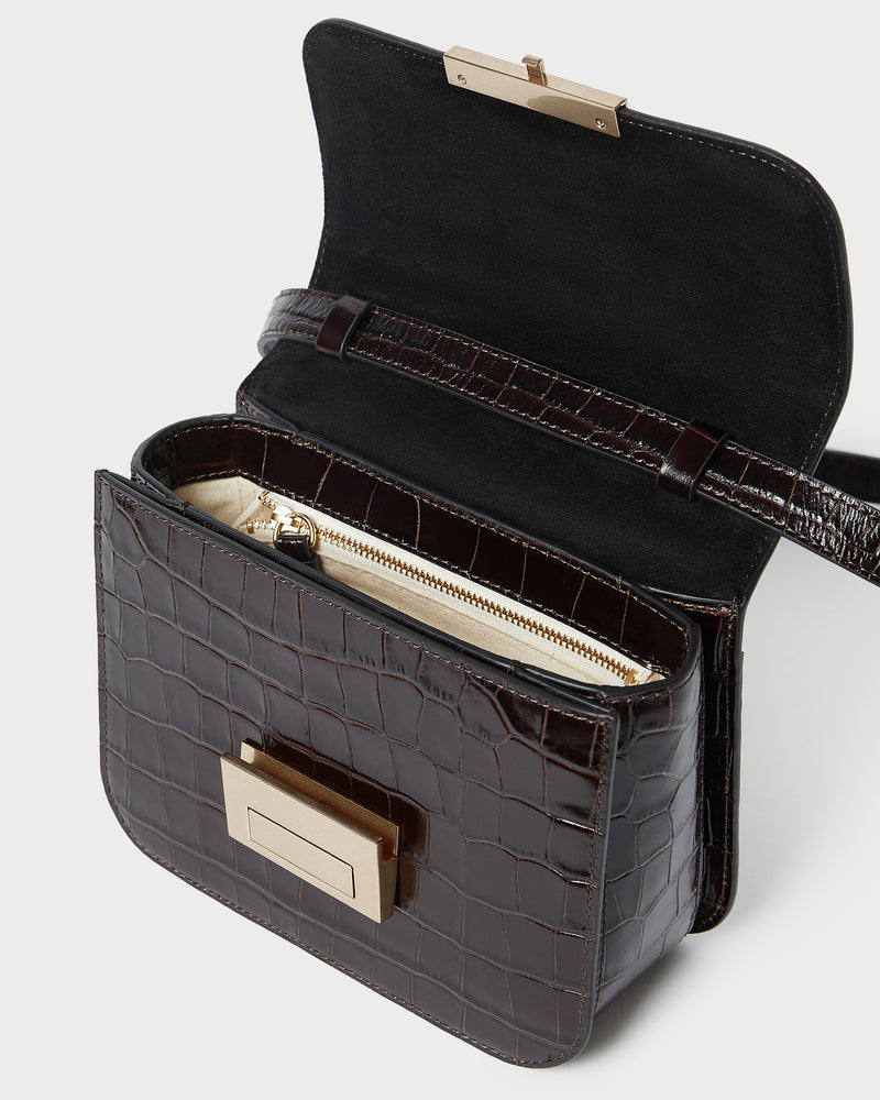 Desi Crocodile Leather Crossbody in ebony crocodile embossed leather