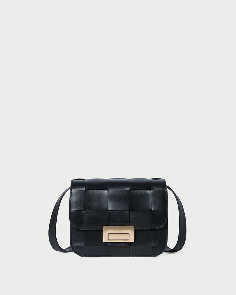 Desi Black Woven Leather Crossbody in black woven leather.
