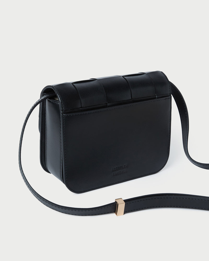 Desi Black Woven Leather Crossbody in black woven leather.