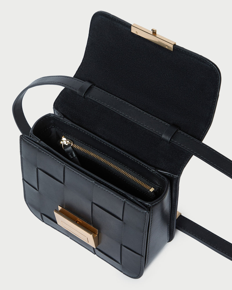 Desi Black Woven Leather Crossbody in black woven leather.