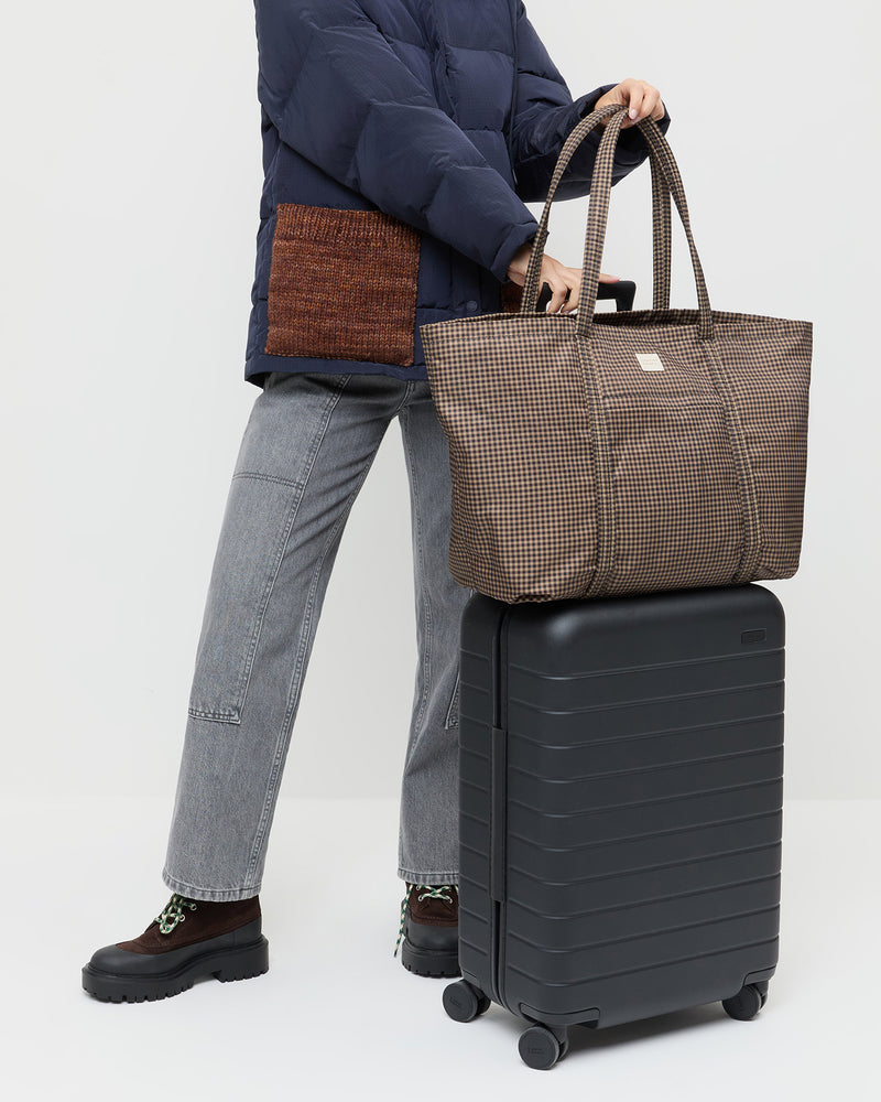 Dina Brown/Black Check Travel Tote in brown and black gingham nylon, Molly Workwear Jean in grey denim, Remy Brown Suede Lug Boot.
