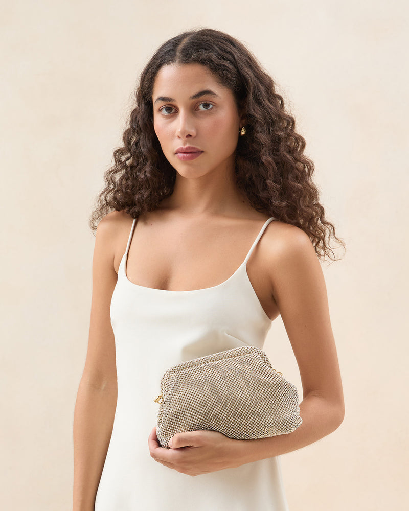 Doreen Gold Diamanté Frame Pouch in gold diamanté mesh