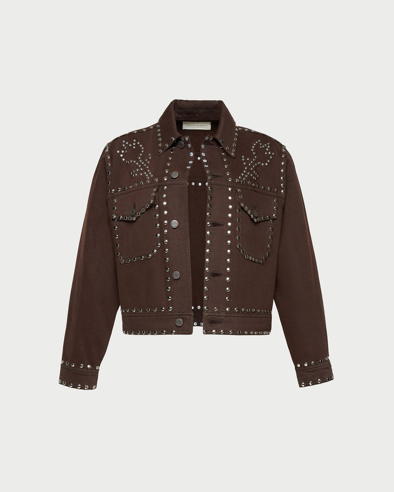 Elijah Studded Denim Jacket in espresso brown denim and silver studs.