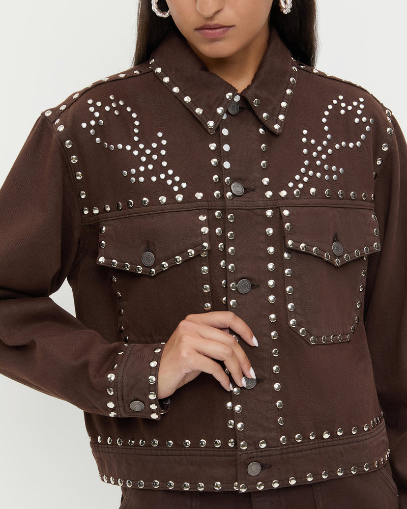 Elijah Studded Denim Jacket in espresso brown denim and silver studs.