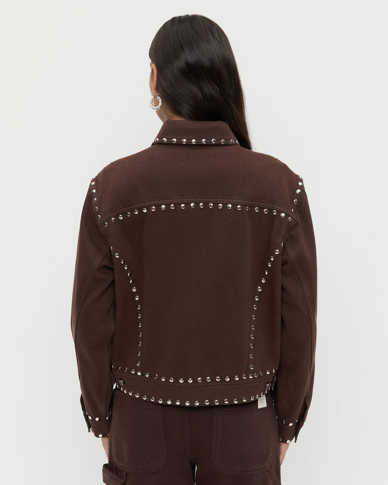 Elijah Studded Denim Jacket in espresso brown denim and silver studs and Molly Workwear Jean in dark brown.