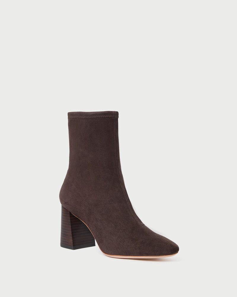 Elise Brown Suede Stretch Bootie in brown suede.