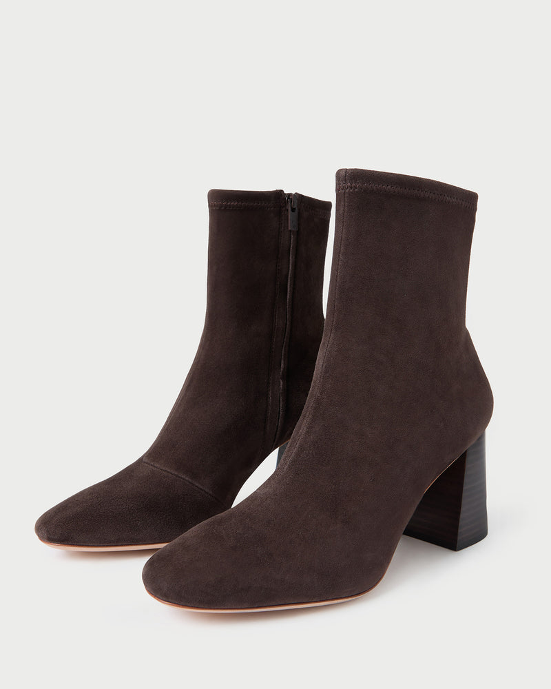 Elise Brown Suede Stretch Bootie in brown suede.