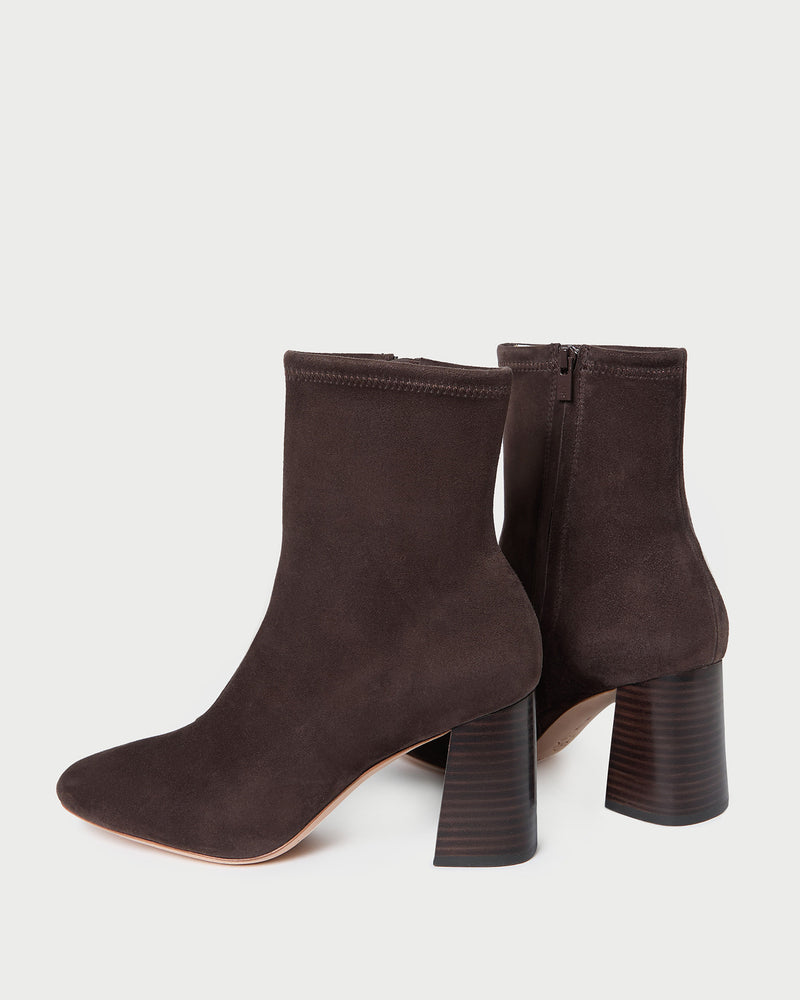 Elise Brown Suede Stretch Bootie in brown suede.
