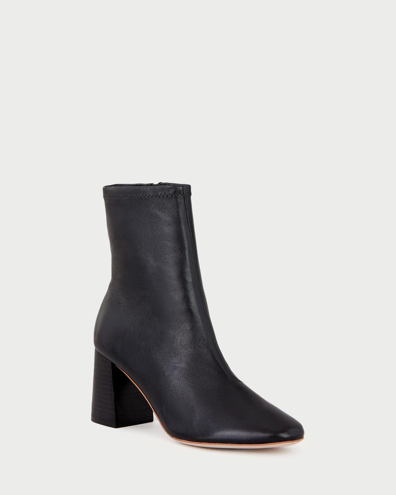 Elise Black Leather Stretch Ankle Bootie in black leather.