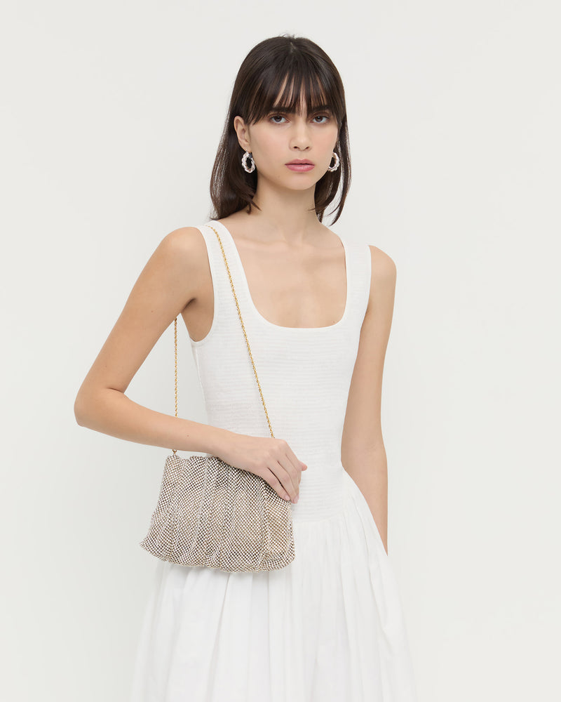 Ember Gold Diamanté Gathered Clutch in gold diamanté mesh