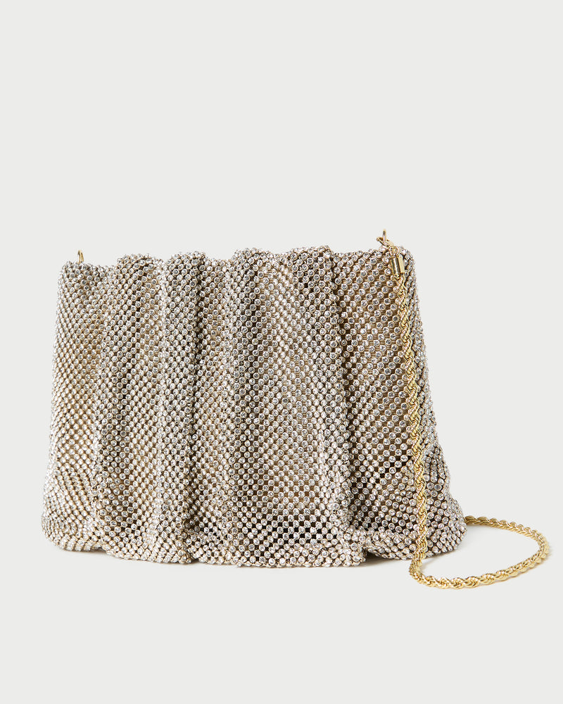 Ember Gold Diamanté Gathered Clutch in gold diamanté mesh
