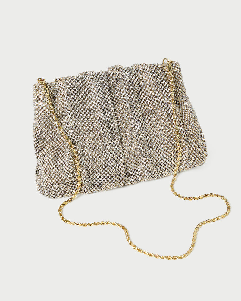 Ember Gold Diamanté Gathered Clutch in gold diamanté mesh