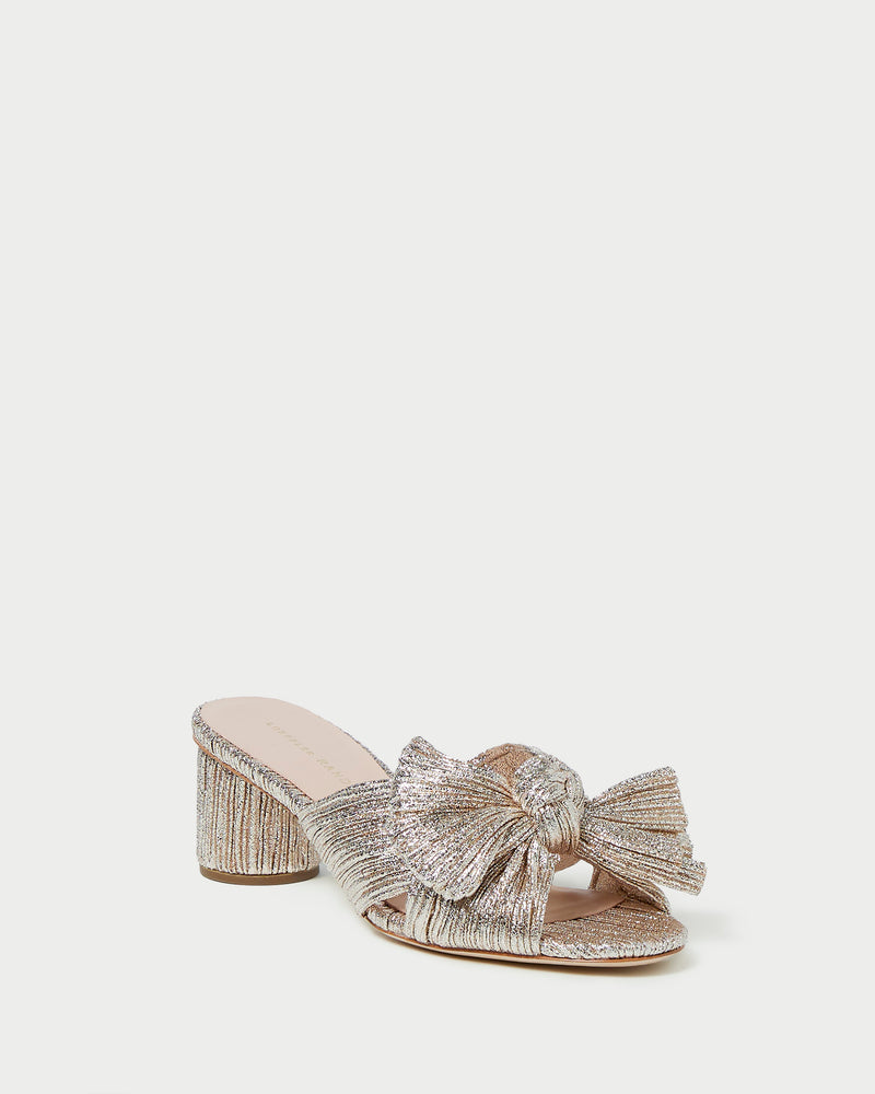 Emilia Champagne Pleated Bow Heel in champagne Italian lamé