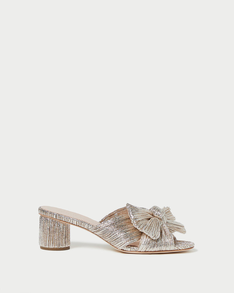 Emilia Champagne Pleated Bow Heel in champagne Italian lamé