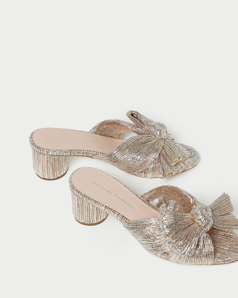 Emilia Champagne Pleated Bow Heel in champagne Italian lamé