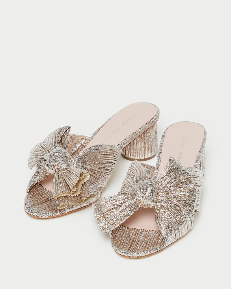 Emilia Champagne Pleated Bow Heel in champagne Italian lamé