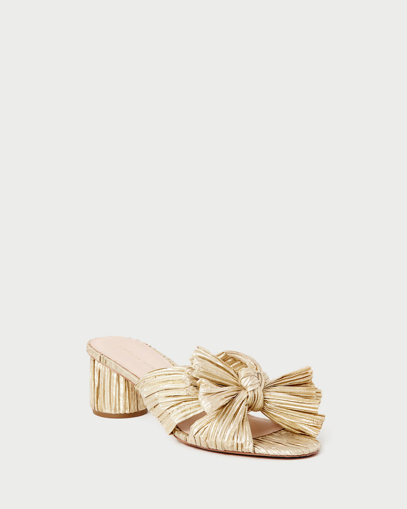 Emilia Gold Pleated Bow Heel in gold fabric