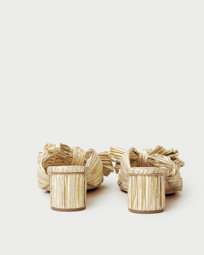 Emilia Gold Pleated Bow Heel in gold fabric