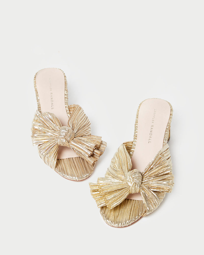 Emilia Gold Pleated Bow Heel in gold fabric