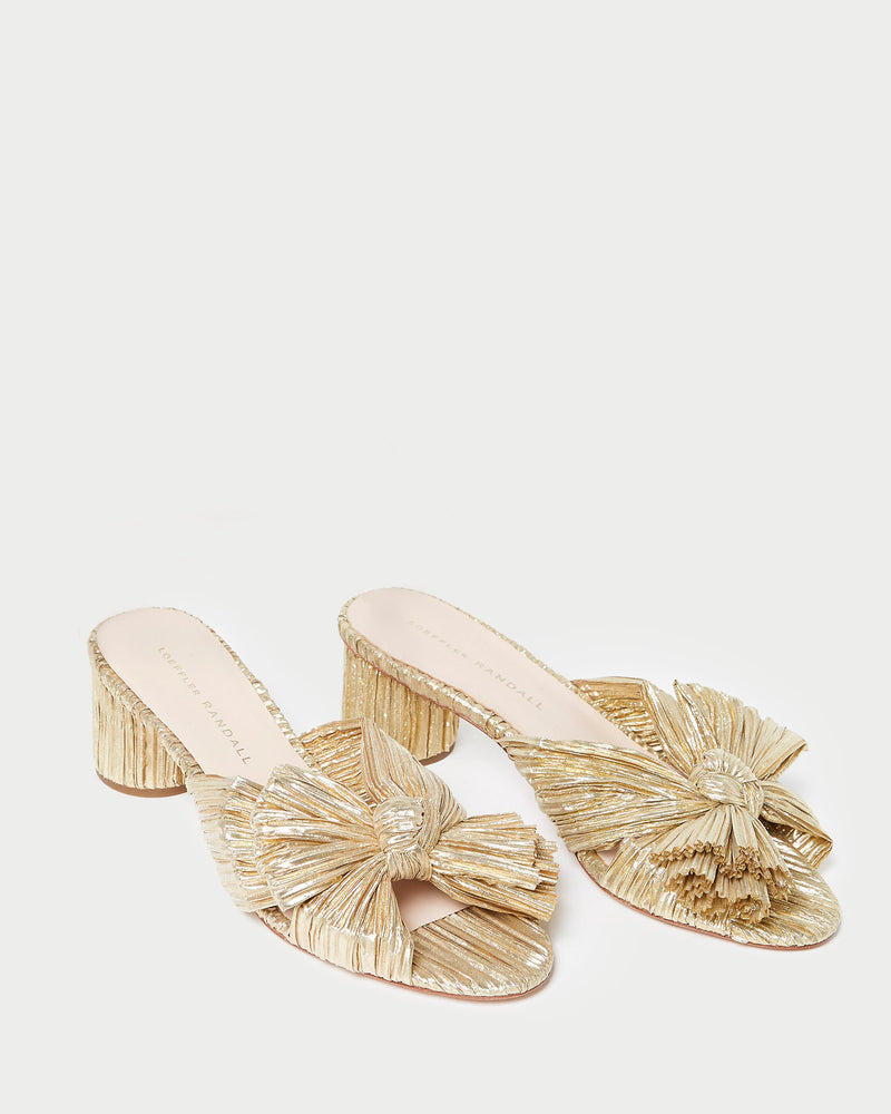Emilia Gold Pleated Bow Heel in gold fabric