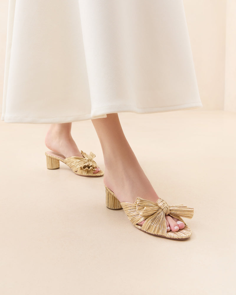 Emilia Gold Pleated Bow Heel in gold fabric