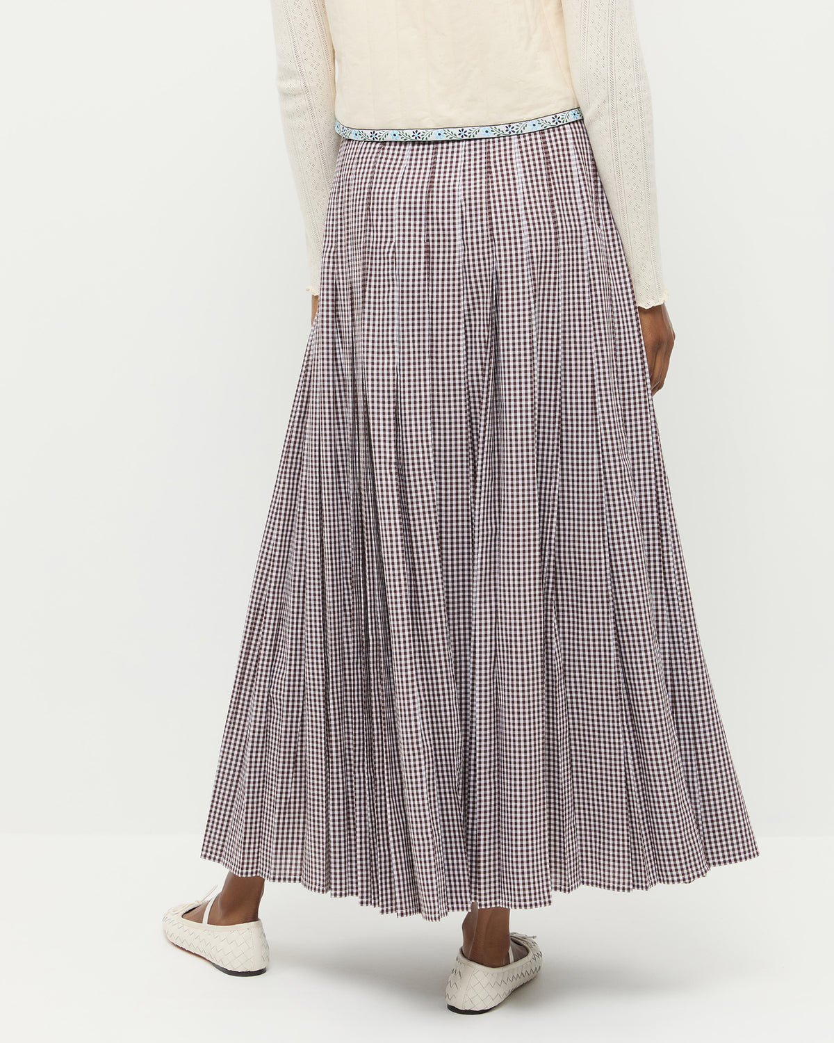 Emlyn Midi Skirt in brown gingham cotton and Leonie Cream Woven Ballet Flat.