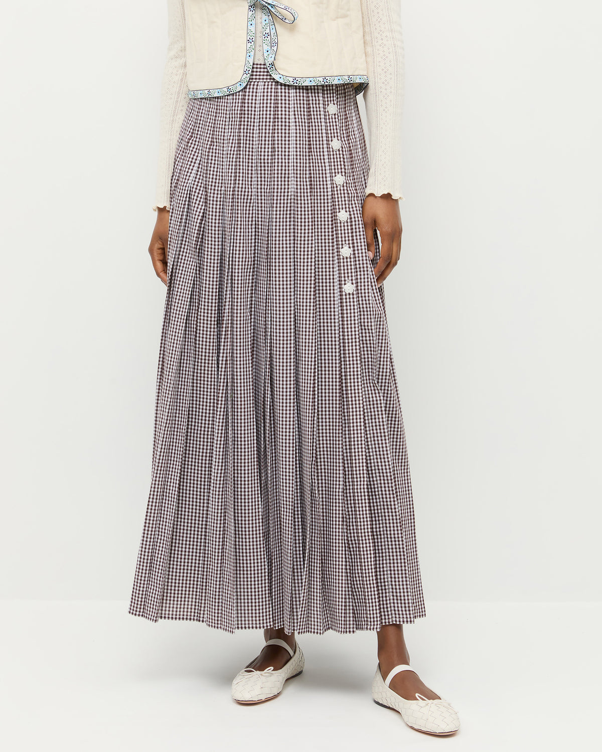 Emlyn Midi Skirt in brown gingham cotton and Leonie Cream Woven Ballet Flat.