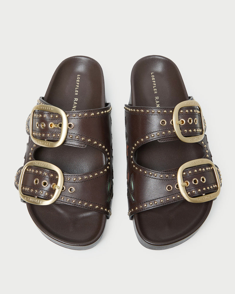 Eve Brown Tulip Two-Band Sandal in brown leather.