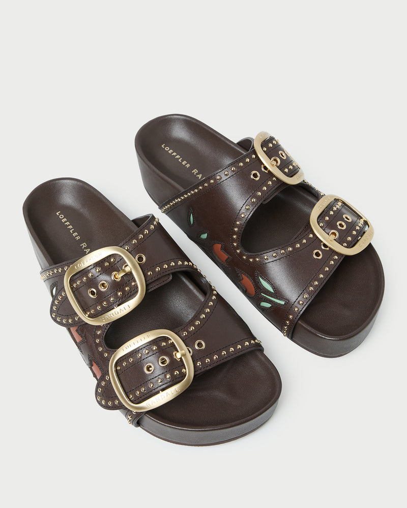 Eve Brown Tulip Two-Band Sandal in brown leather.