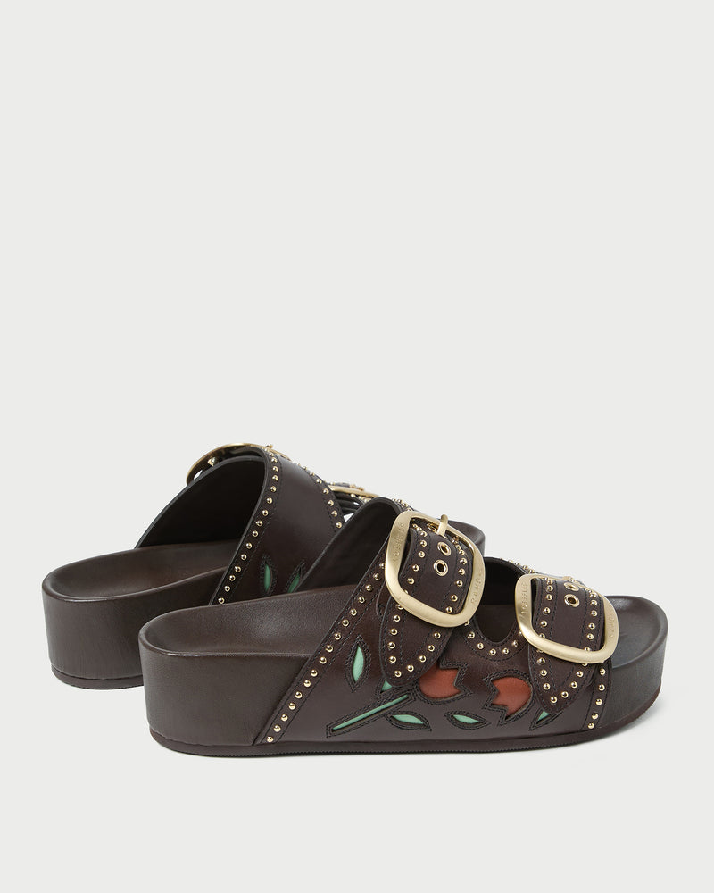 Eve Brown Tulip Two-Band Sandal in brown leather.