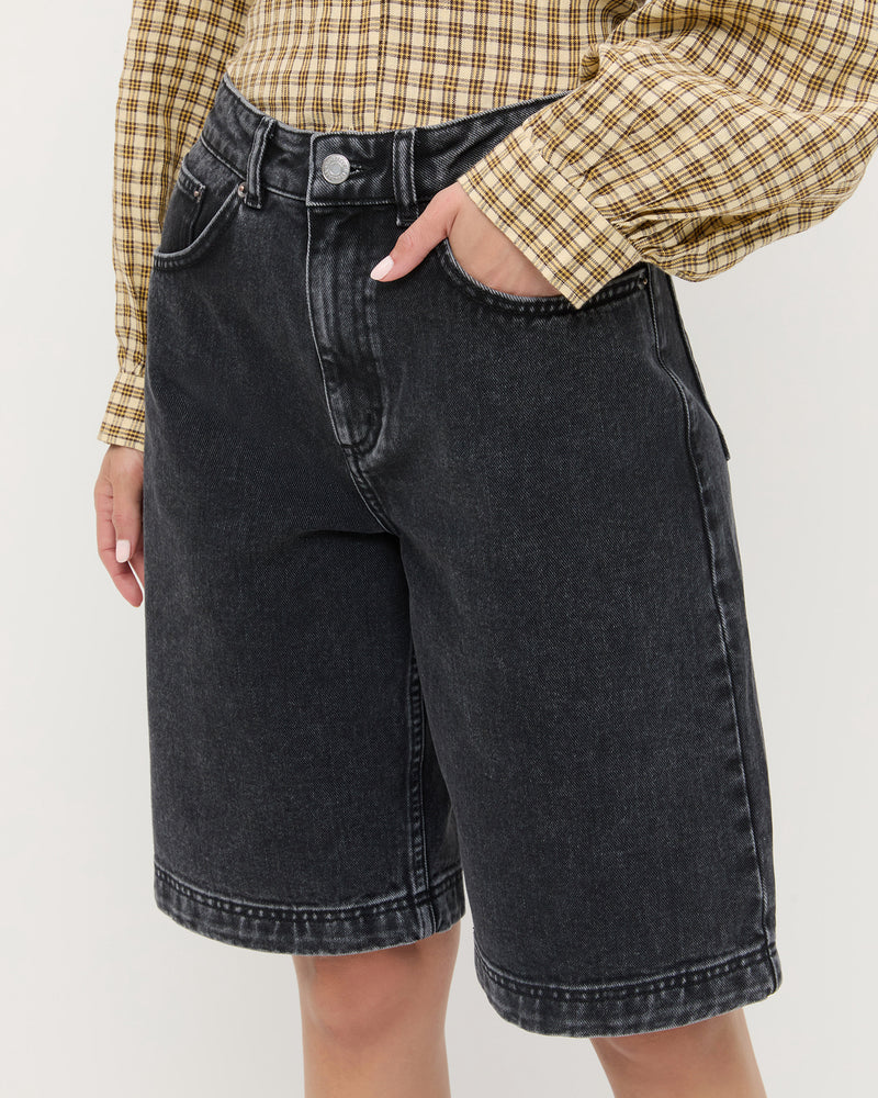 Everett Denim Short in washed black denim and Ken Shirt in brown butter plaid cotton.