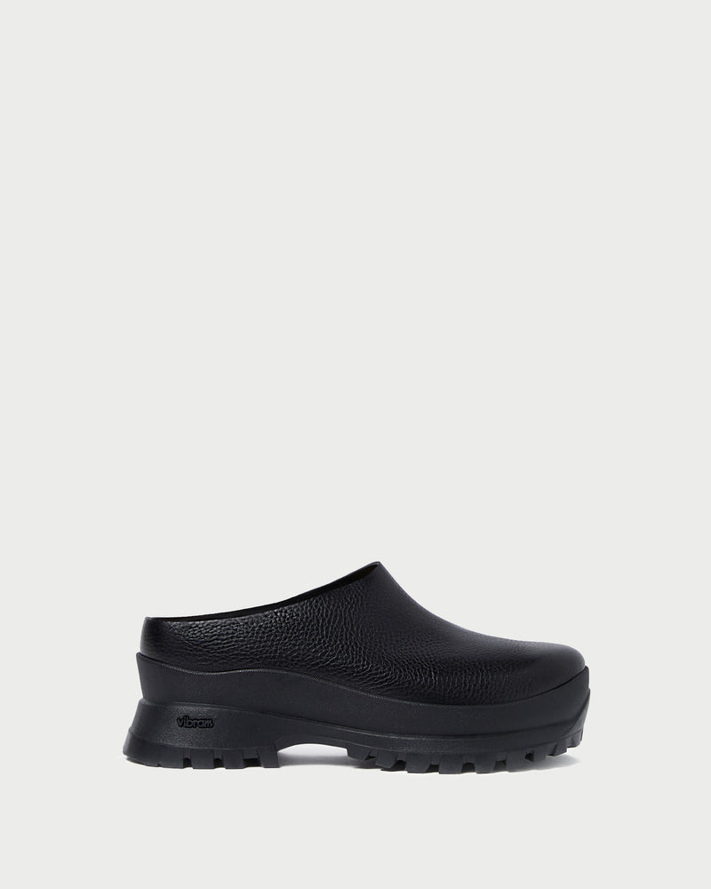 Gemma Black Leather Lug Mule in black pebbled leather.
