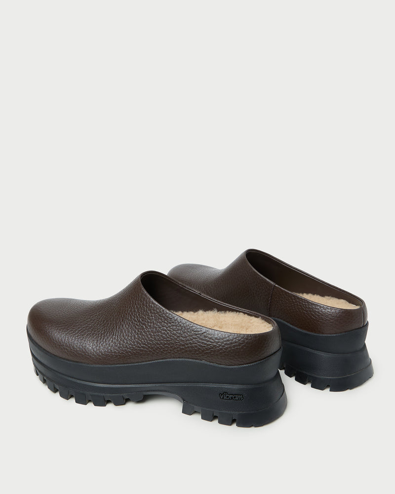 Gemma Brown Leather Lug Mule in brown pebbled leather.
