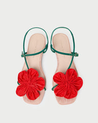 花 mumu. Genevieve Red/Green Moiré Flower Sandal | Flat Sandals