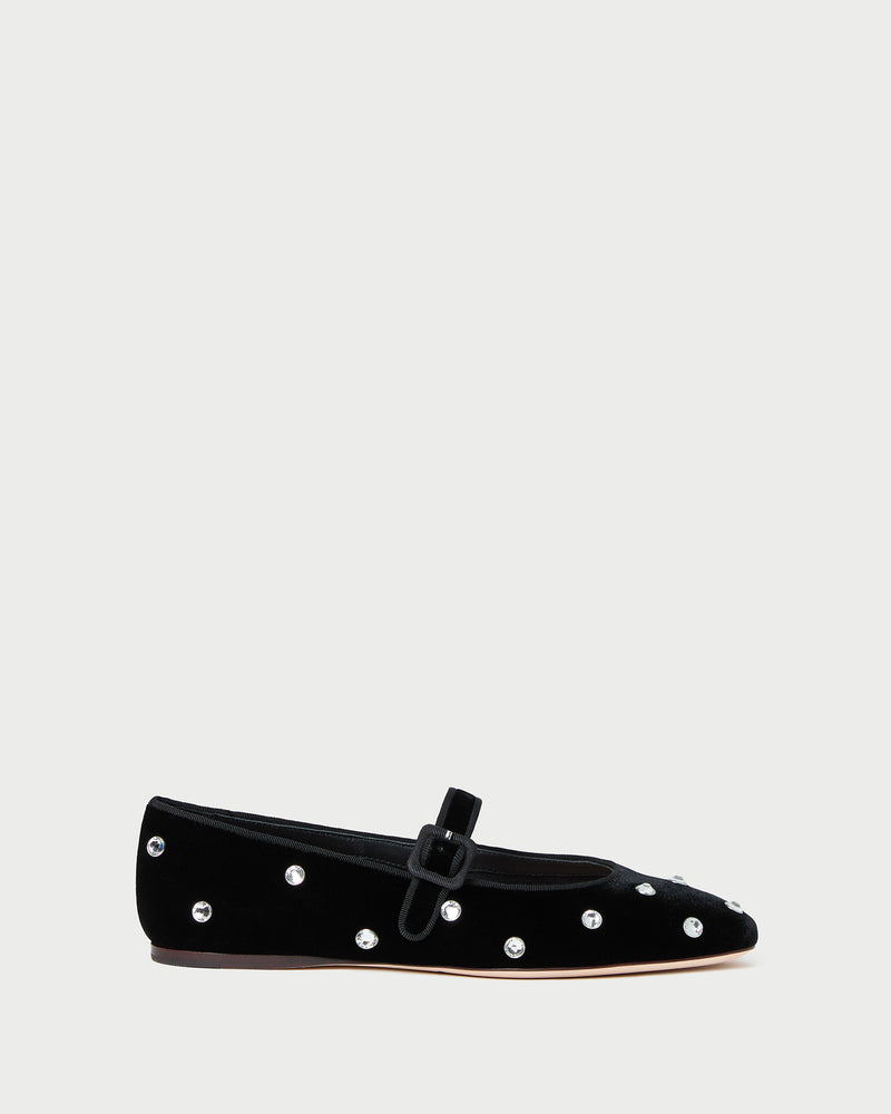 Ginger Black/Crystal Velvet Mary Jane in black velvet with crystal accents.
