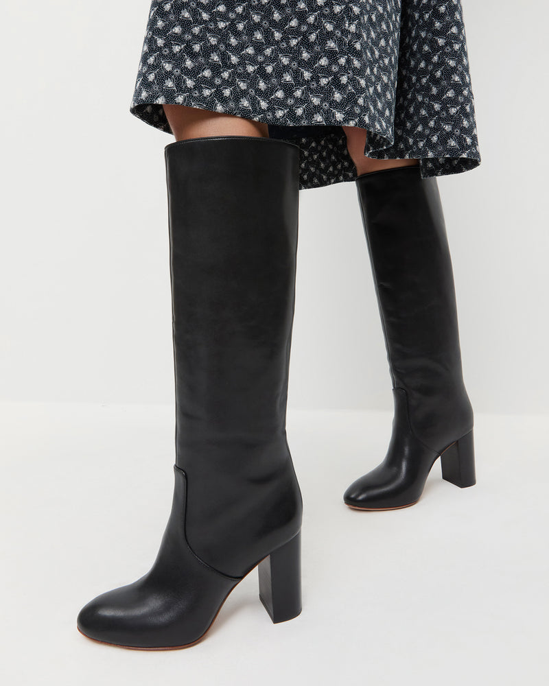Goldy Black Leather Tall Boot in black leather and Maxwell Dress in blue floral cotton.