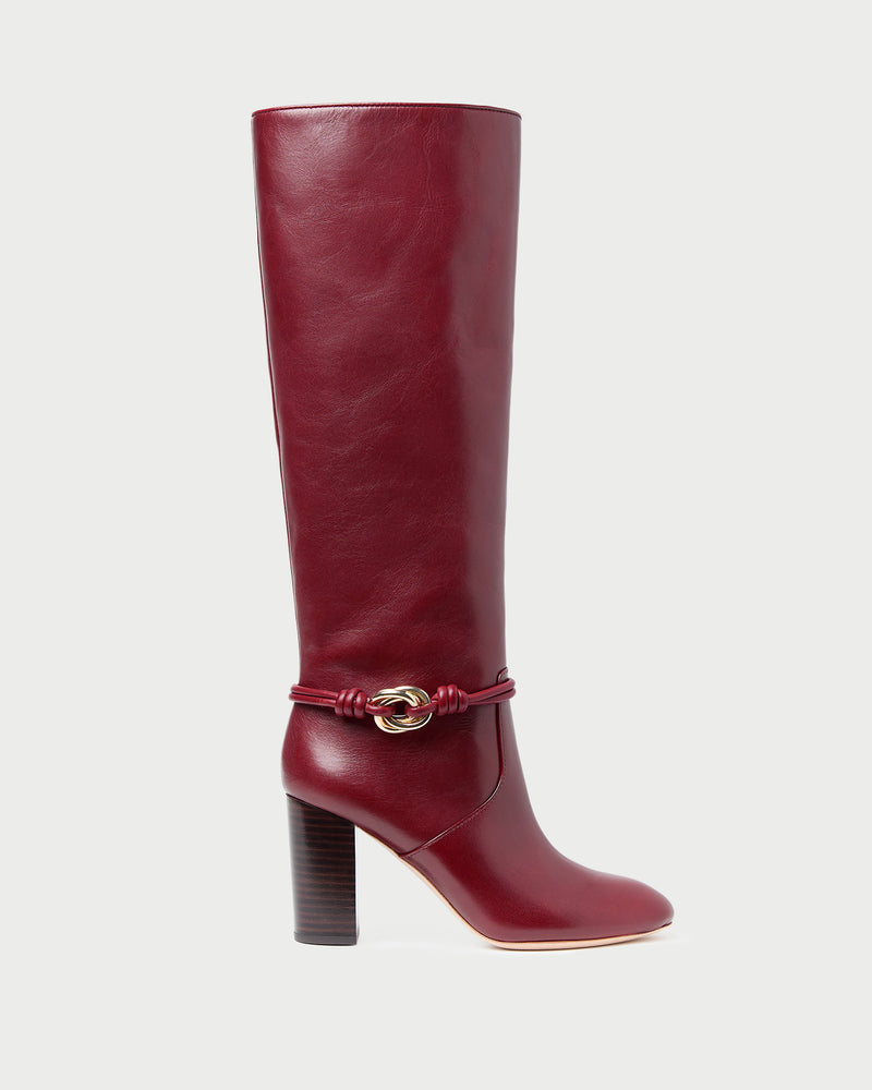 Goldy Wine/Gold Leather Tall Boot in wine red leather and a gold accent.