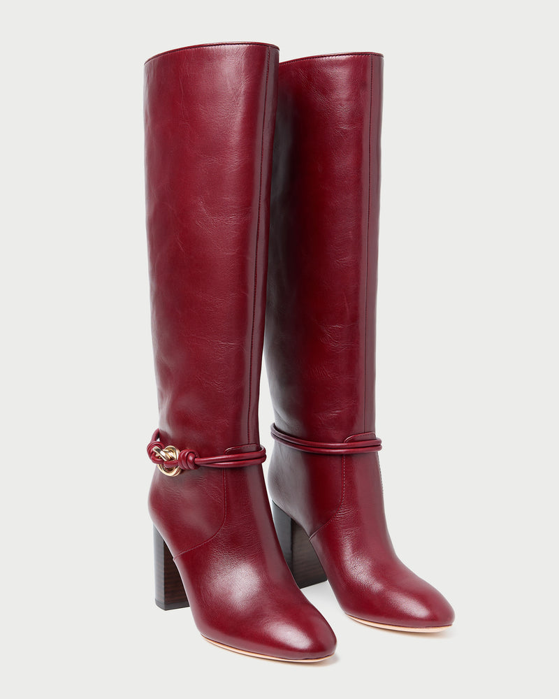 Goldy Wine/Gold Leather Tall Boot in wine red leather and a gold accent.
