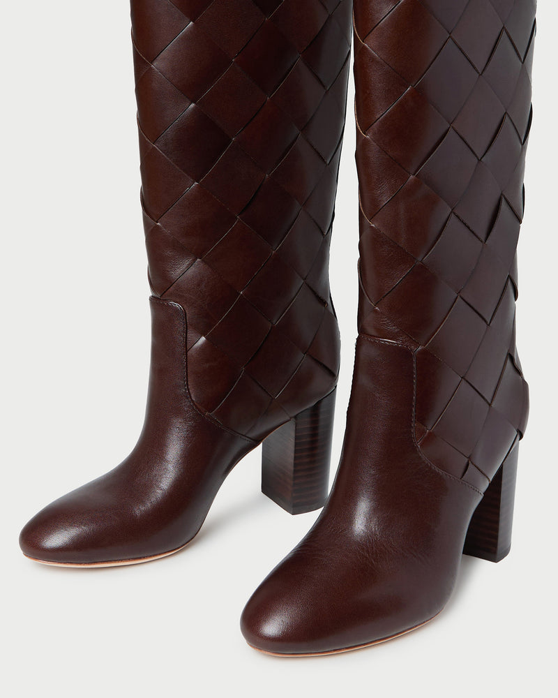Goldy Espresso Woven Leather Tall Boot in espresso woven leather.