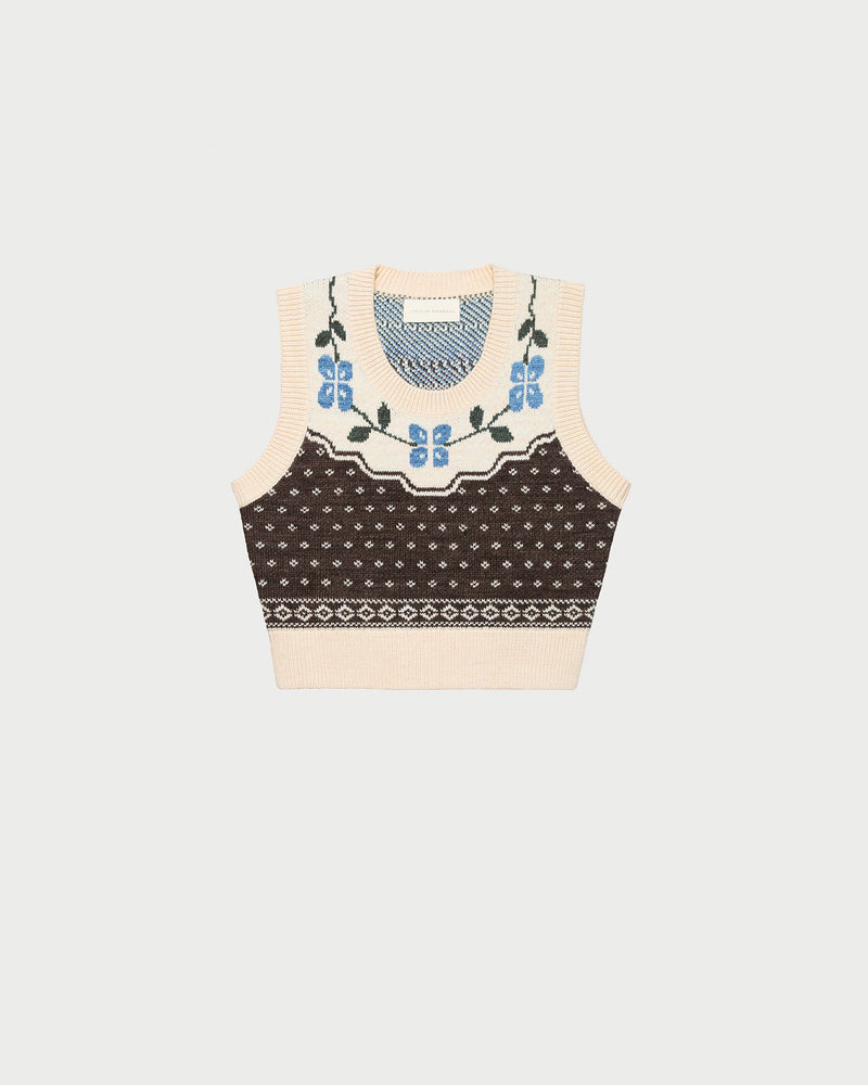 Heather Sweater Vest in Brown and Cream Floral wool.